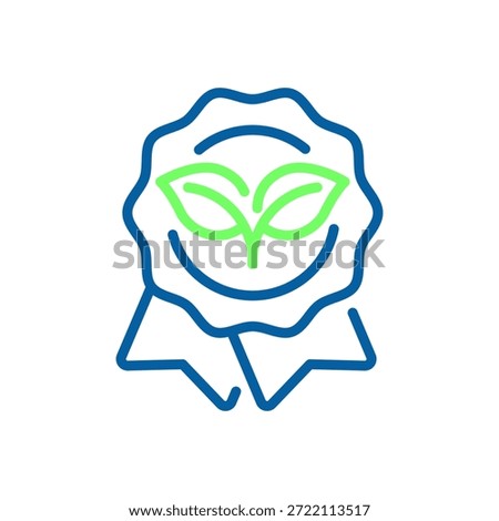 Green leaf badge on blue ribbon representing eco-friendly certification, organic quality, sustainability, and environmental approval. Thin line icon editable stroke
