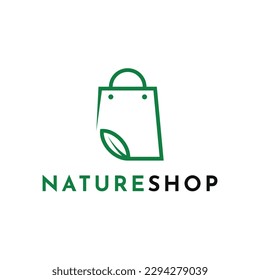 Green Leaf with Bag Shop for Nature Market Store logo design concept