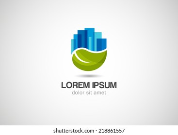 Green leaf with blue city buildings silhouette. Vector logo template. Abstract design concept for ecology theme, real estate agency, building company, urban landscape, city life.