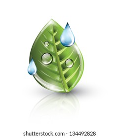 Green leaf with blue drops, eco concept, EPS 10, isolated