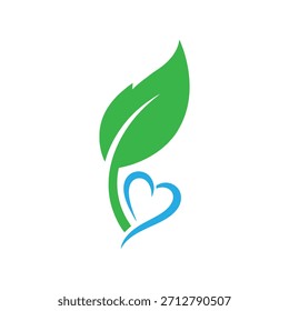 Logotipo verde de la hoja y del corazón azul para el cuidado de la salud de la naturaleza