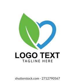 Diseño de logotipo de hoja verde y corazón azul aislado sobre fondo blanco