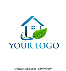 Green leaf with blue house silhouette logo