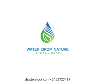 Green leaf with blue water drop logo design icon vector template.