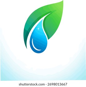 Diseño de logotipo de hoja verde y gota de agua azul - concepto de Naturaleza pura