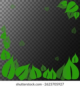Green leaf border. Nature shape outline. Transparent vector layout. Dark checker background.