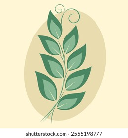 green leaf branch with thin curved stem and swirl on top on light yellow background, vintage style vector illustration