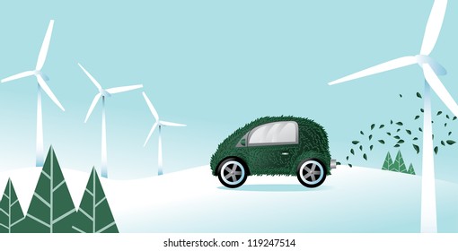 Green leaf car with wind turbines vector