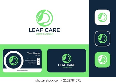 cuidado de la hoja verde con diseño de logotipo de mano y tarjeta de negocios