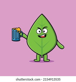 Green leaf cartoon mascot character with beer glass and cute stylish design