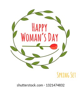 Green leaf cartoon vector frame in beautiful style with text and flower. Vector graphic. Isolated vector set. Vector floral design card. Cute design for woman's day in flat style.