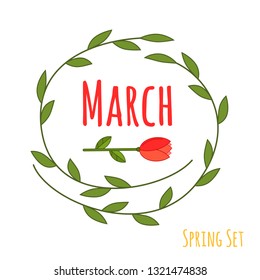 Green leaf cartoon vector frame in beautiful style with text and flower. Vector graphic. Isolated vector set. Vector floral design card. Cute design for woman's day in flat style.