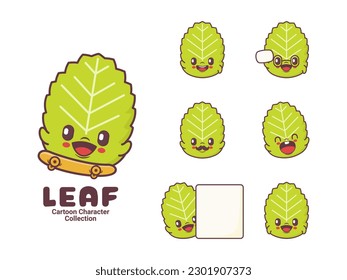 green leaf cartoon. vector illustration with different expressions