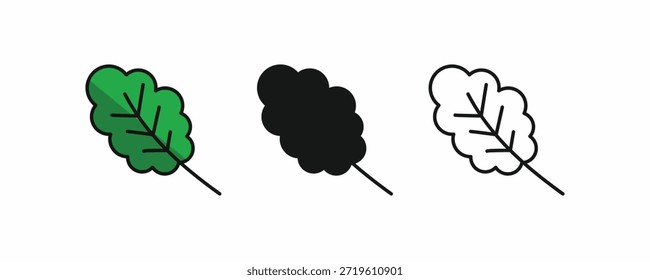 Iconos de hojas verdes o de apio en tres variaciones, color plano con sombra, silueta sólida y contorno minimalista