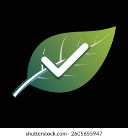 Green leaf with checkmark. Eco-friendly symbol in white. Gradient hues. Black background