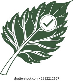 Green leaf with checkmark symbol a flat vector illustration on a white background foliage plant botanical flora verdant organic nature