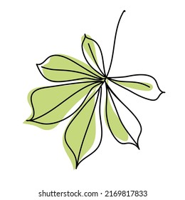 Green leaf of chestnut tree isolated on white background. Leaves in linear art with the addition of colored spots. Vector illustration. svg