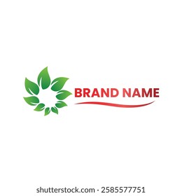 Green leaf circle forming a natural wreath, paired with bold red text and a wave accent, ideal for eco-friendly brands or wellness businesses.