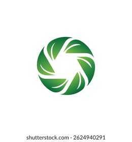 Green leaf circle logo for eco-friendly nature design, Eco nature logo, sustainable symbol, Abstract Leaf Aperture Logo for Eco-Friendly Photography Nature