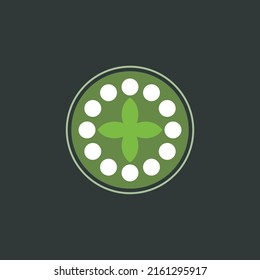 Green leaf with circle shape badge logo vector illustration. Nature and environmental unique symbol logo design. Green conceptual logo. Nature Tiles, ceramics, and t-shirt design 
