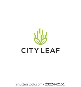 concepto de diseño del logotipo de edificio de la ciudad de hoja verde	