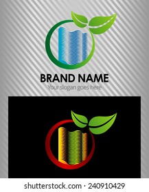 Green leaf with city. Vector ecology logo template