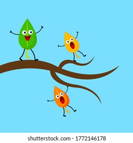 green leaf confidently walks on a tree branch and orange ones lose their balance funny cartoon characters will fall soon against a blue clear sky, the concept of autumn and nature