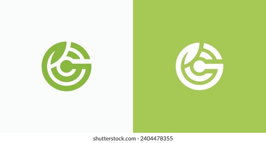 Green leaf connection G C letter logo design