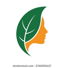 Green leaf covering orange human face side profile illustration