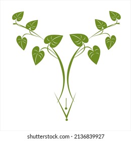 Green leaf decoration and pen tip clipart image on white background 