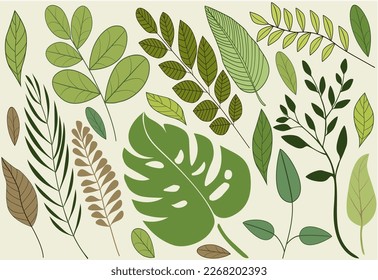 Green leaf design element set on a beige background vector, Retro leaf drawings, Set of tropical leaf plants drawn in a flat doodle style