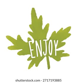 Green leaf design with 'Enjoy' text. Leaf motif adds a natural touch. Perfect for eco-friendly themes. Leaf and text create a fresh, inviting vibe. Leaf illustration vector.