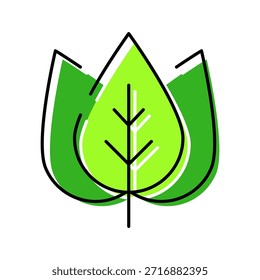 Green leaf design featuring a prominent outline with color fill, illustrating concepts like ecology, environment, nature, and growth with a minimalist and fresh aesthetic