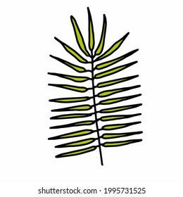 Green leaf doodle hand drawn illustration. Cute vector clipart element for kids coloring book, decor of interior or textile or apparel.