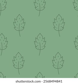 Green Leaf Doodle Seamless Pattern. Outline leaves minimal background in hand drawn style. Ecology organic repeat vector illustration