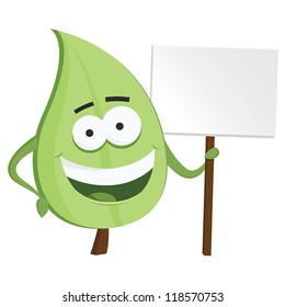 Green leaf eco character posing with a sign