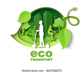 Green leaf with eco friendly city buildings and people riding bicycle, electric scooter, motor scooter, vector paper cut illustration. City eco transport poster template.