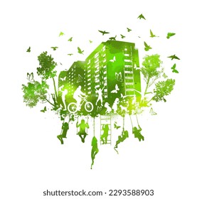 Hoja verde con edificios de ciudades y gente ecológicos. La silueta verde de la ciudad con la gente. Ecología urbana. Ilustración del vector