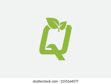 Green leaf and eco nature logo design vector with the letter Q