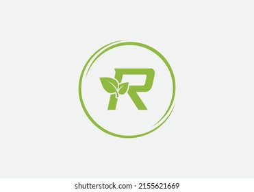 Green leaf and eco nature logo design vector with the letter R