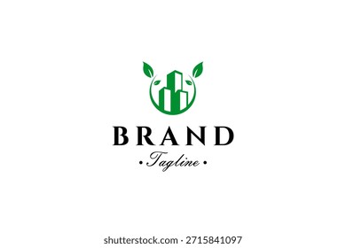 Logotipo verde del edificio de la ciudad del rascacielos de la hoja Eco con estilo de diseño de Plantilla de Vector