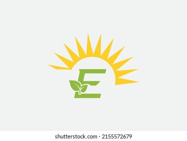 Green leaf and eco sun logo design vector with the letter E