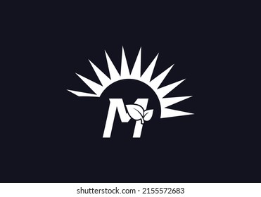 Grünes Blatt und Design des Öko-Sonnenlogos, Vektor mit dem Buchstaben M