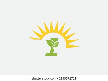 Green leaf and eco sun logo design vector with the letter I