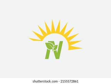 Vector de diseño de logotipo de hoja verde y ecosol con letra N