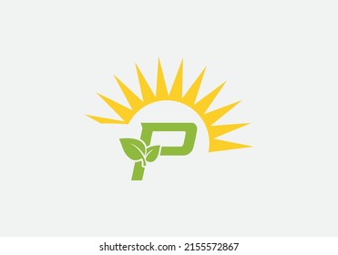 Green leaf and eco sun logo design vector with the letter P