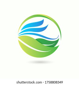 Símbolo ecológico de hoja verde logotipo diseño orgánico natural con icono de onda oceánica suave aislado en fondo blanco