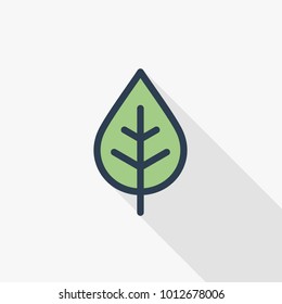 green leaf, eco thin line flat color icon. Linear vector illustration. Pictogram isolated on white background. Colorful long shadow design.