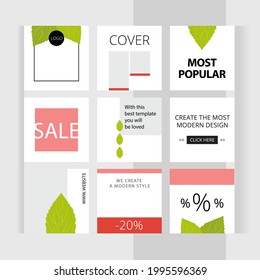 Green leaf, ecological style. Set of editable square photo collage banners. Minimalist templates for social media posting and online advertising. Trend vector illustration.