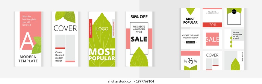 Green leaf, ecological style. Set of editable vertical and square photo collage banners. Minimalism  templates for social media posting and online advertising. 